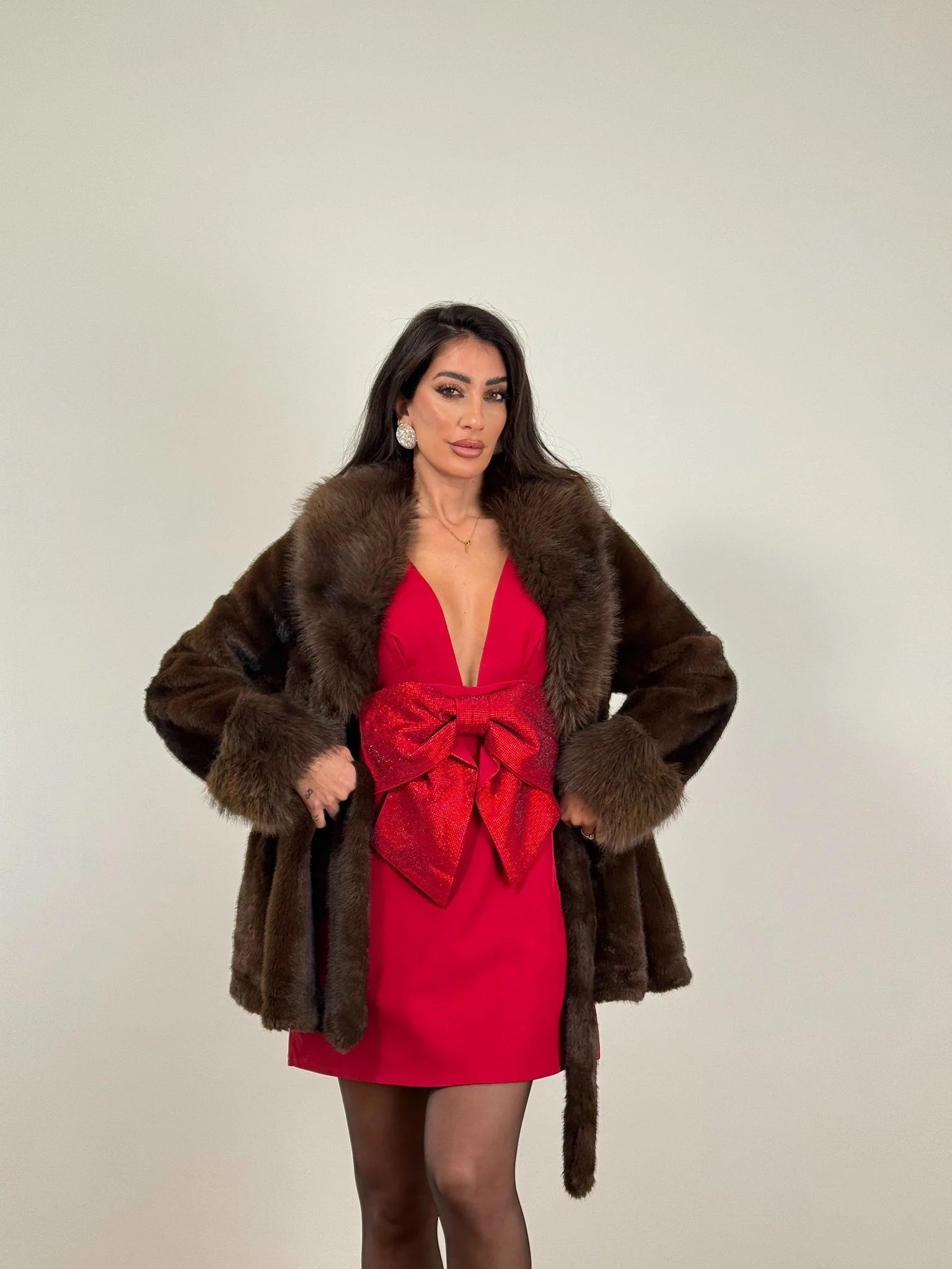 Elegant Coat with Faux Fur Trim – Tie Front Statement Coat
