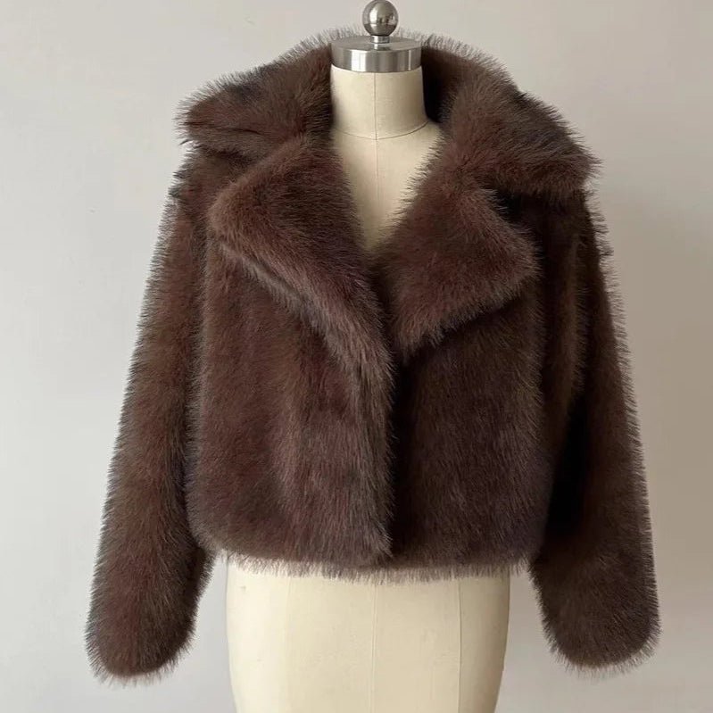 Coffee Brown Plush Faux Fur Coat – Short Glamour Coat