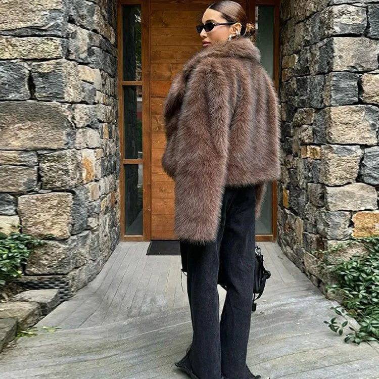 Coffee Brown Plush Faux Fur Coat – Short Glamour Coat