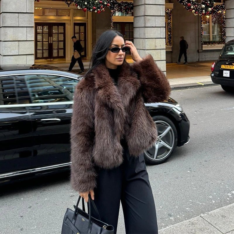 Coffee Brown Plush Faux Fur Coat – Short Glamour Coat