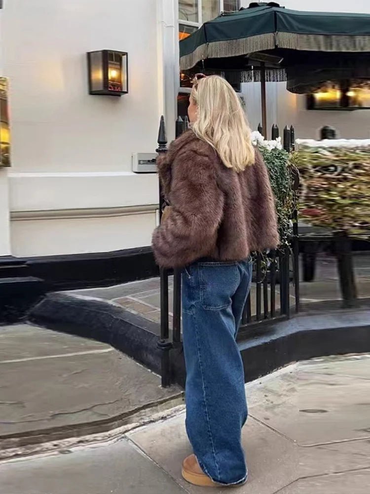 Coffee Brown Plush Faux Fur Coat – Short Glamour Coat