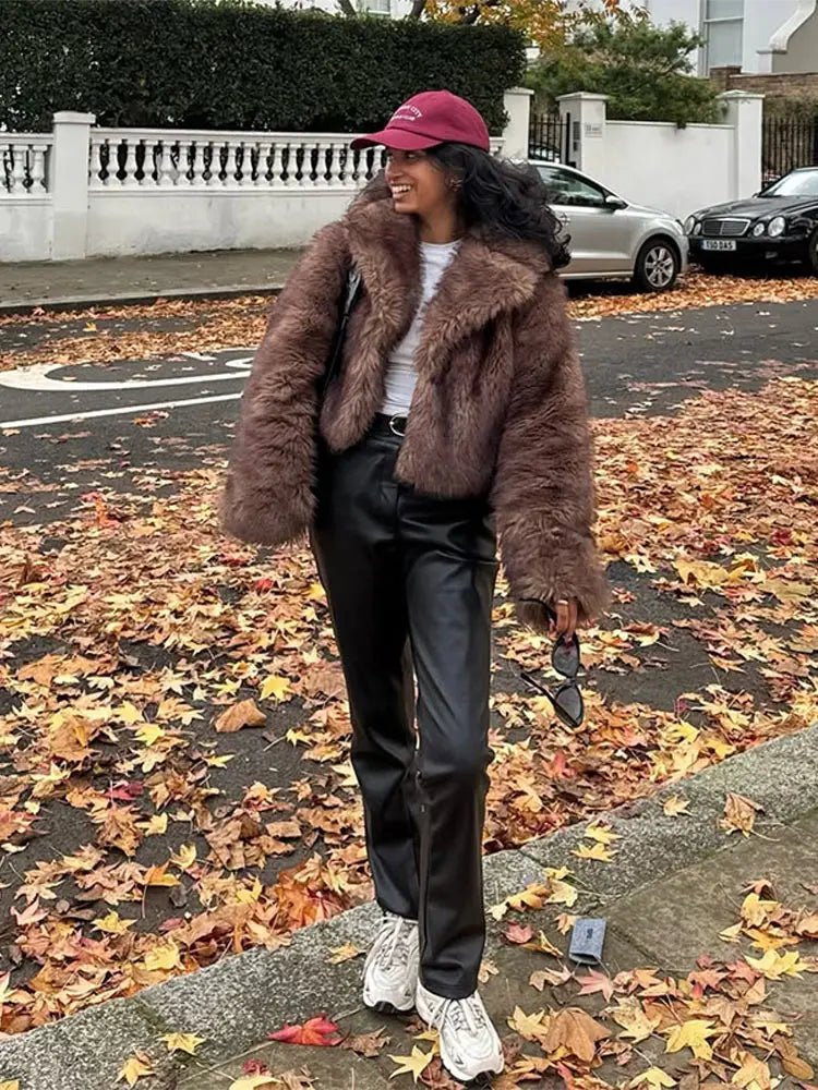 Coffee Brown Plush Faux Fur Coat – Short Glamour Coat