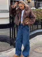 Coffee Brown Plush Faux Fur Coat – Short Glamour Coat