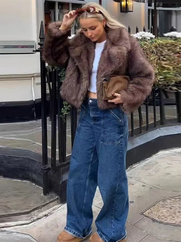 Coffee Brown Plush Faux Fur Coat – Short Glamour Coat