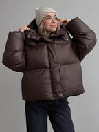 Cropped Puffer Jacket with Detachable Hood – Dark Brown Quilted Jacket