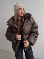 Cropped Puffer Jacket with Detachable Hood – Dark Brown Quilted Jacket