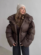 Cropped Puffer Jacket with Detachable Hood – Dark Brown Quilted Jacket