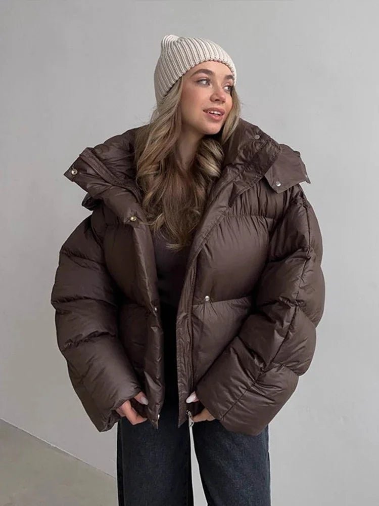 Cropped Puffer Jacket with Detachable Hood – Dark Brown Quilted Jacket