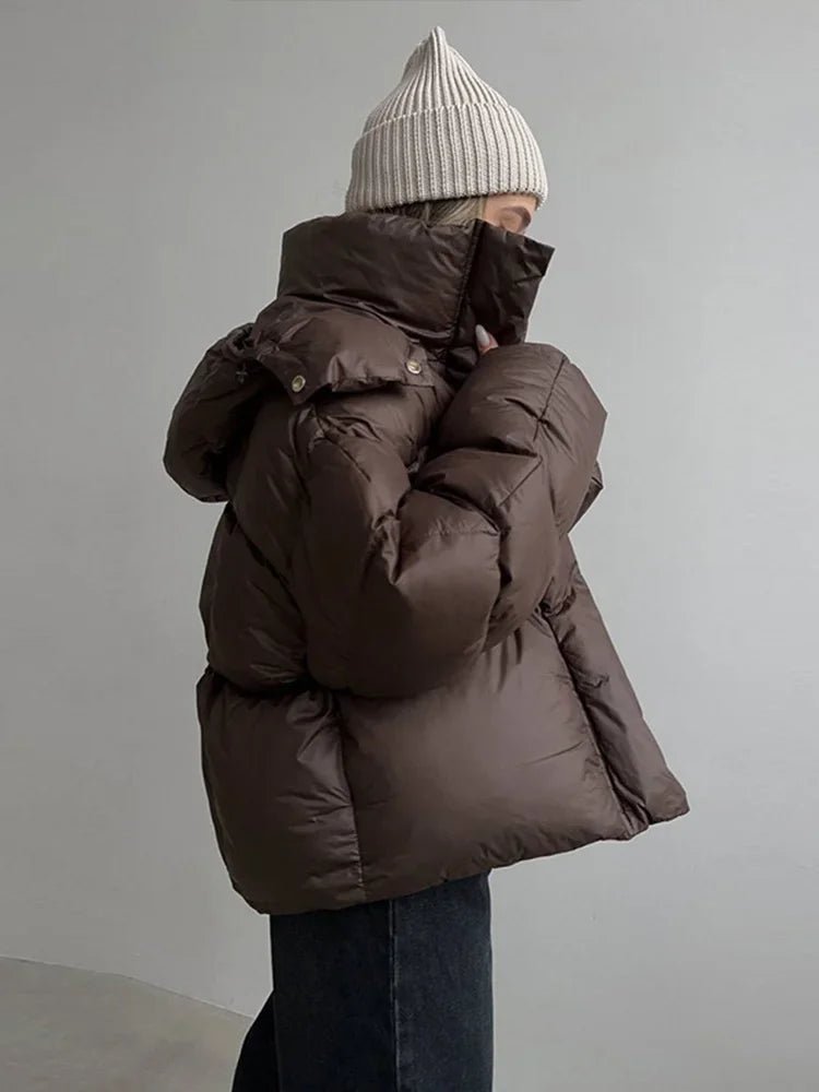 Cropped Puffer Jacket with Detachable Hood – Dark Brown Quilted Jacket