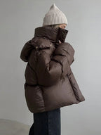 Cropped Puffer Jacket with Detachable Hood – Dark Brown Quilted Jacket