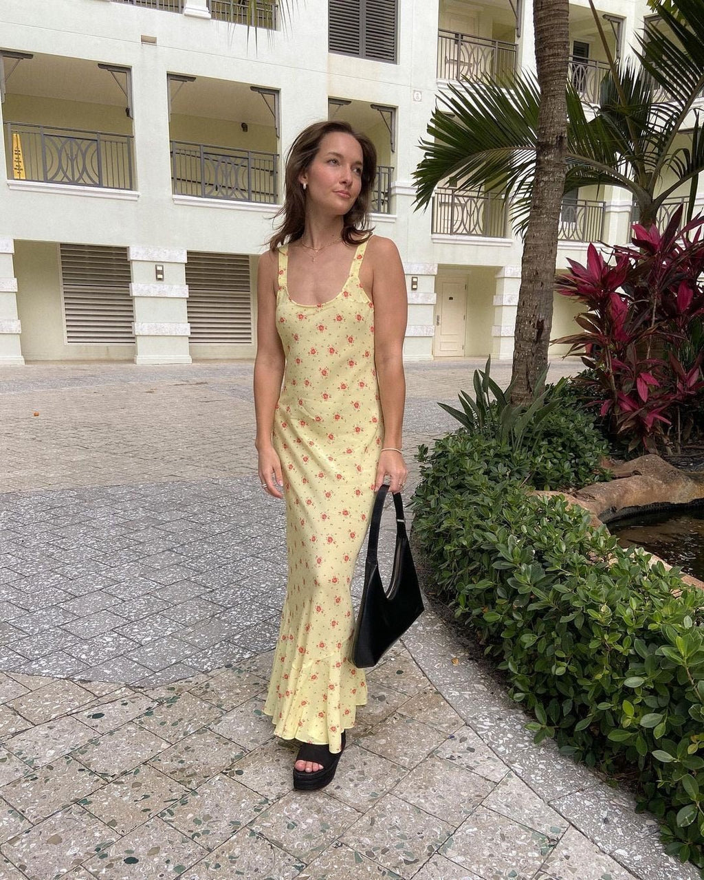 Yellow Flared Ruffle Floral Dress – Women's Summer Dress