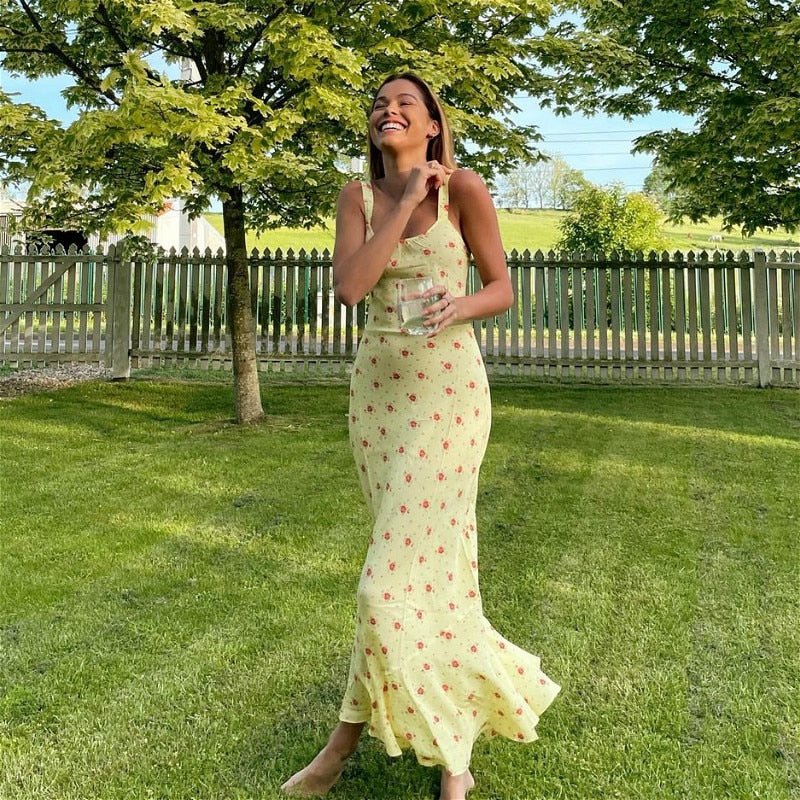 Yellow Flared Ruffle Floral Dress – Women's Summer Dress