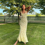 Yellow Flared Ruffle Floral Dress – Women's Summer Dress