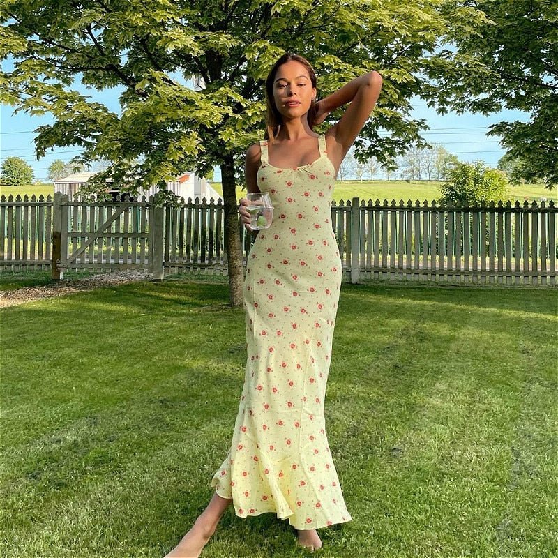 Yellow Flared Ruffle Floral Dress – Women's Summer Dress