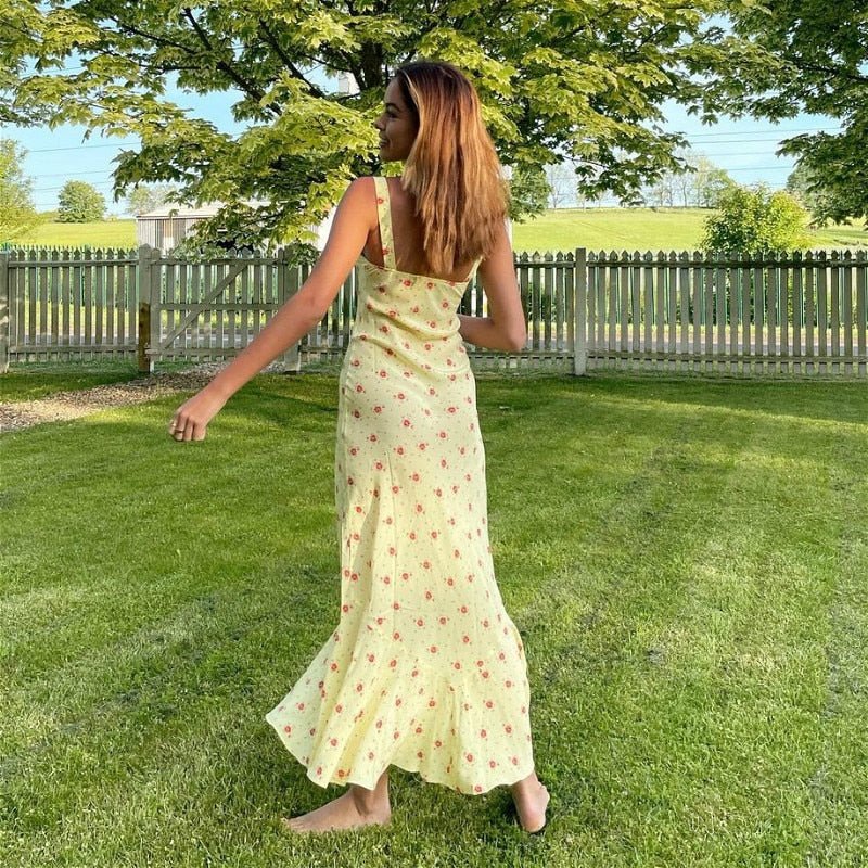 Yellow Flared Ruffle Floral Dress – Women's Summer Dress