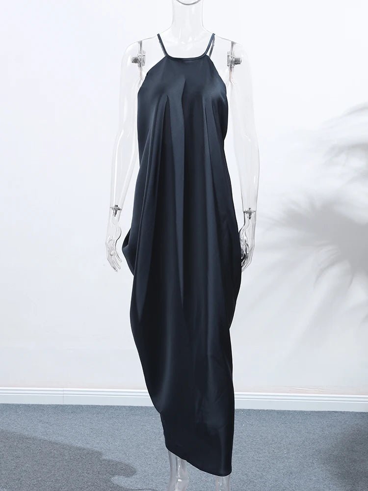 Black Satin Halter Maxi Dress – Women's Summer Party Maxi Dress