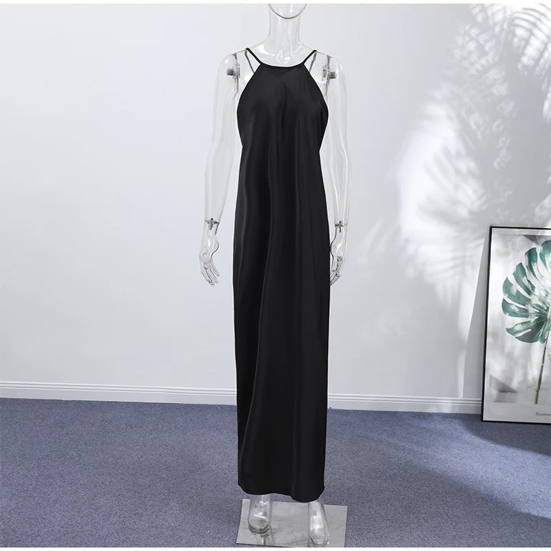 Black Satin Halter Maxi Dress – Women's Summer Party Maxi Dress