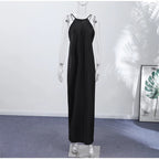 Black Satin Halter Maxi Dress – Women's Summer Party Maxi Dress