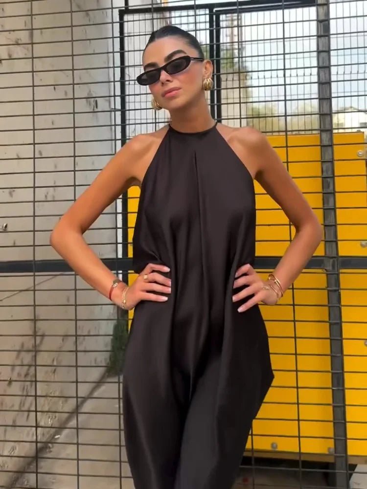 Black Satin Halter Maxi Dress – Women's Summer Party Maxi Dress