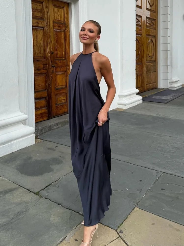 Black Satin Halter Maxi Dress – Women's Summer Party Maxi Dress