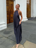 Black Satin Halter Maxi Dress – Women's Summer Party Maxi Dress