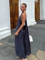 Black Satin Halter Maxi Dress – Women's Summer Party Maxi Dress
