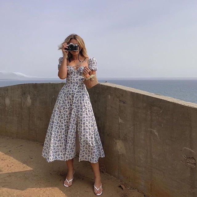 Blue Puff Sleeve Floral Midi Dress – Women's Summer Midi Dress