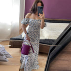 Blue Puff Sleeve Floral Midi Dress – Women's Summer Midi Dress