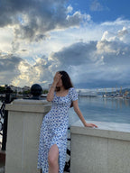 Blue Puff Sleeve Floral Midi Dress – Women's Summer Midi Dress