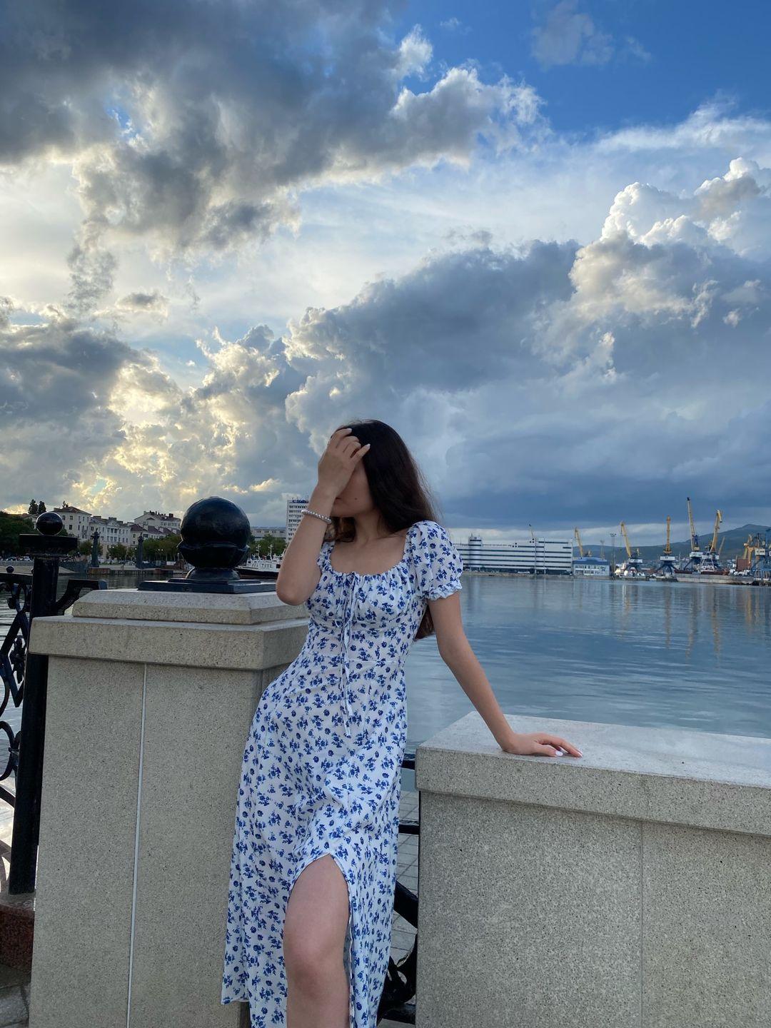 Blue Puff Sleeve Floral Midi Dress – Women's Summer Midi Dress