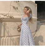 Blue Puff Sleeve Floral Midi Dress – Women's Summer Midi Dress