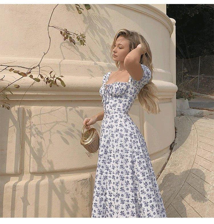 Blue Puff Sleeve Floral Midi Dress – Women's Summer Midi Dress