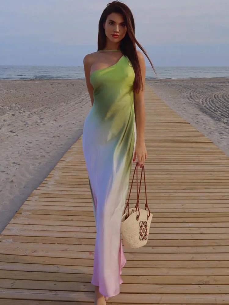 Green Asymmetric Off-Shoulder Dress – Women's Summer Party Dress