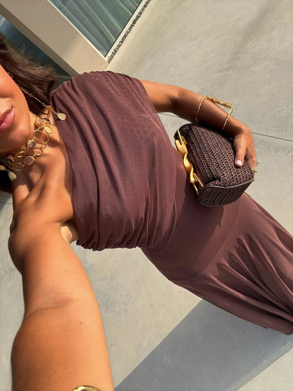 Brown Off-Shoulder Ruched Maxi Dress – Women's Summer Party Maxi Dress