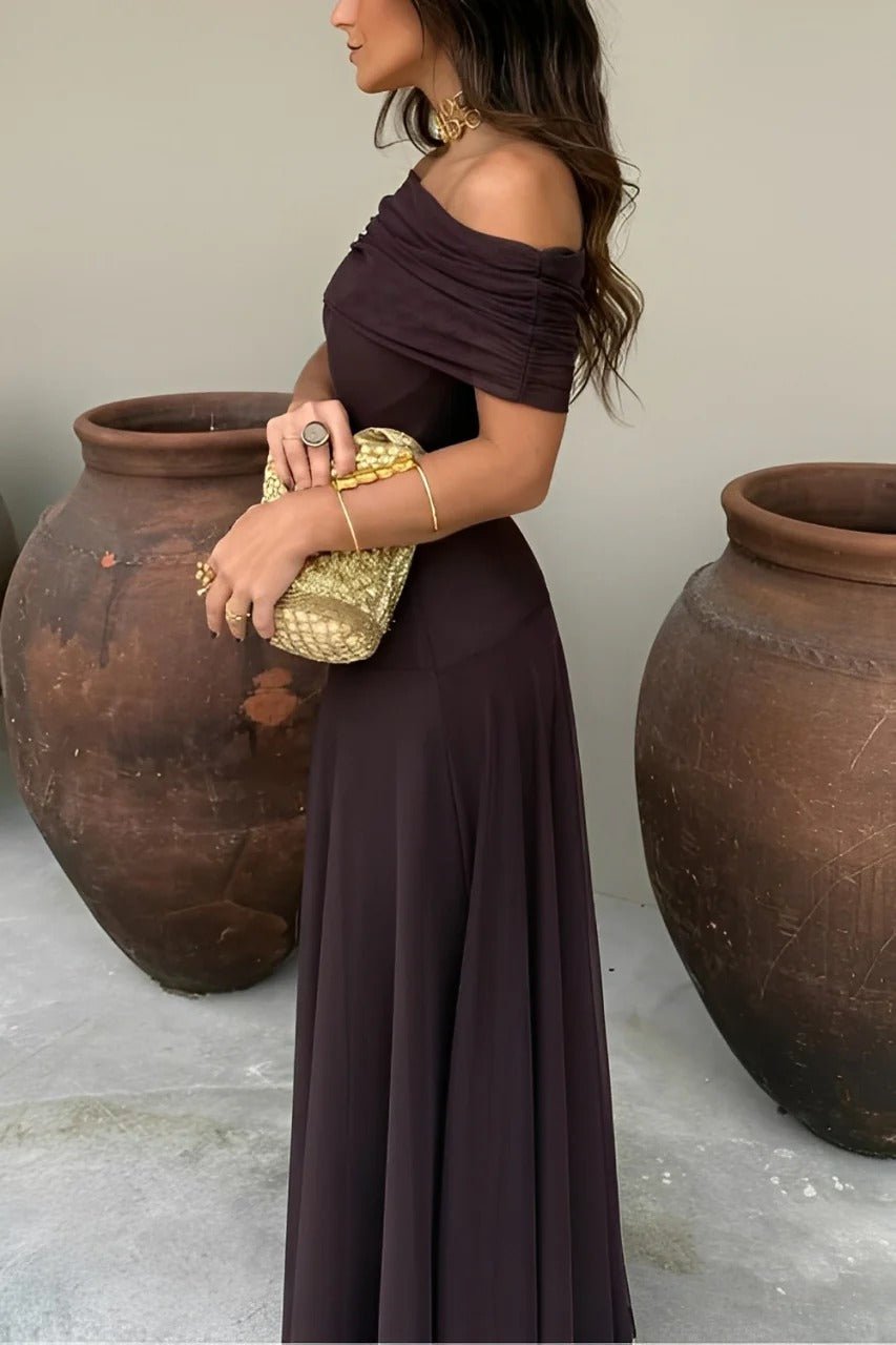 Brown Off-Shoulder Ruched Maxi Dress – Women's Summer Party Maxi Dress