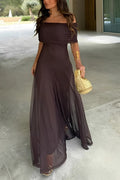 Brown Off-Shoulder Ruched Maxi Dress – Women's Summer Party Maxi Dress