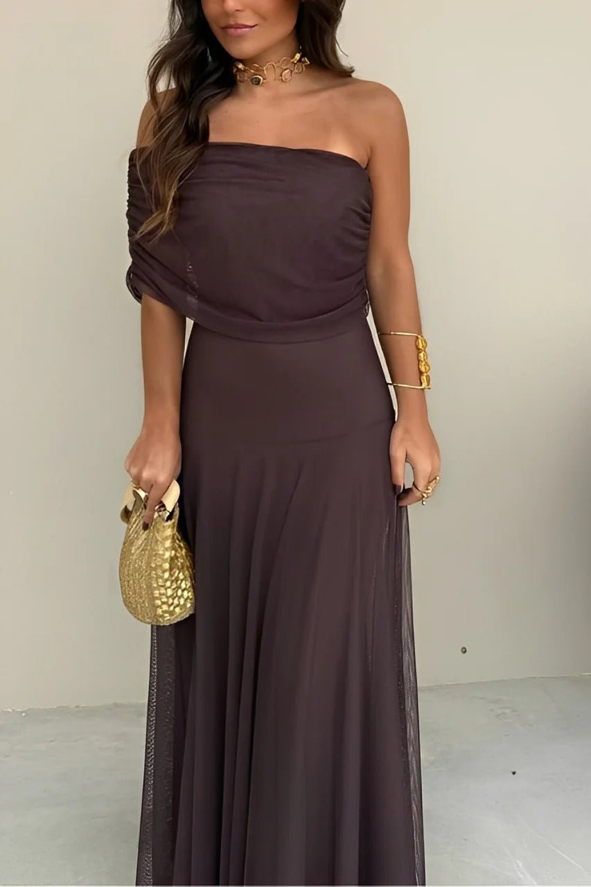 Brown Off-Shoulder Ruched Maxi Dress – Women's Summer Party Maxi Dress