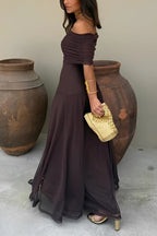 Brown Off-Shoulder Ruched Maxi Dress – Women's Summer Party Maxi Dress