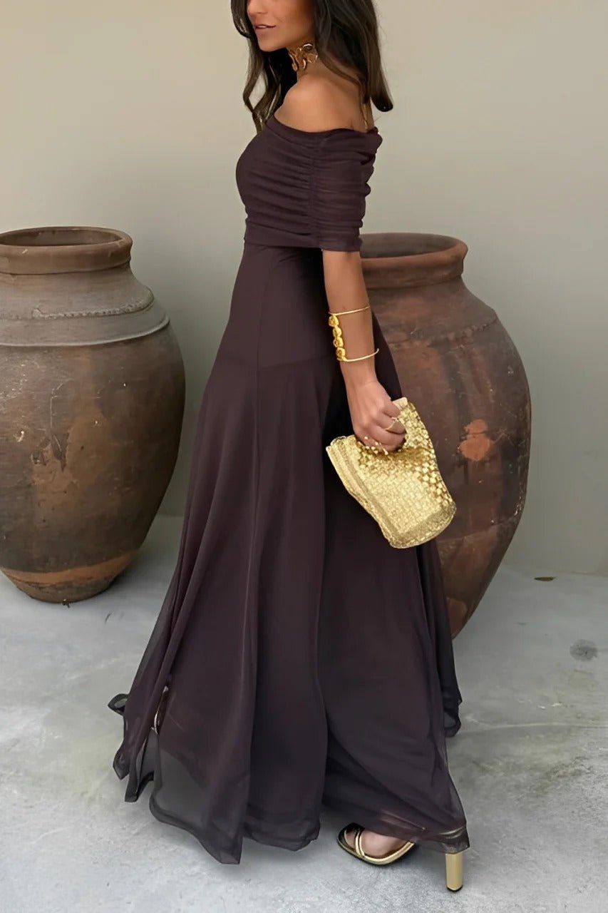 Brown Off-Shoulder Ruched Maxi Dress – Women's Summer Party Maxi Dress