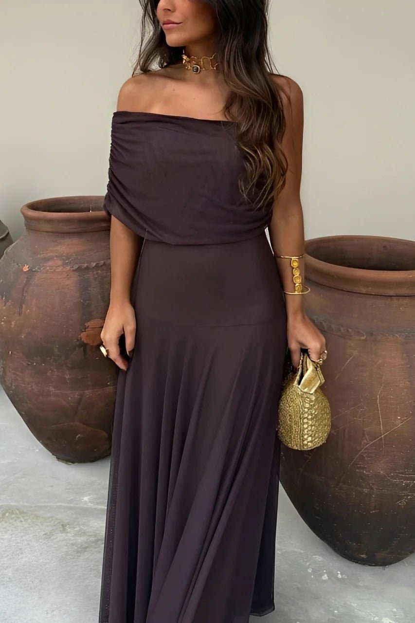 Brown Off-Shoulder Ruched Maxi Dress – Women's Summer Party Maxi Dress