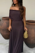 Brown Off-Shoulder Ruched Maxi Dress – Women's Summer Party Maxi Dress