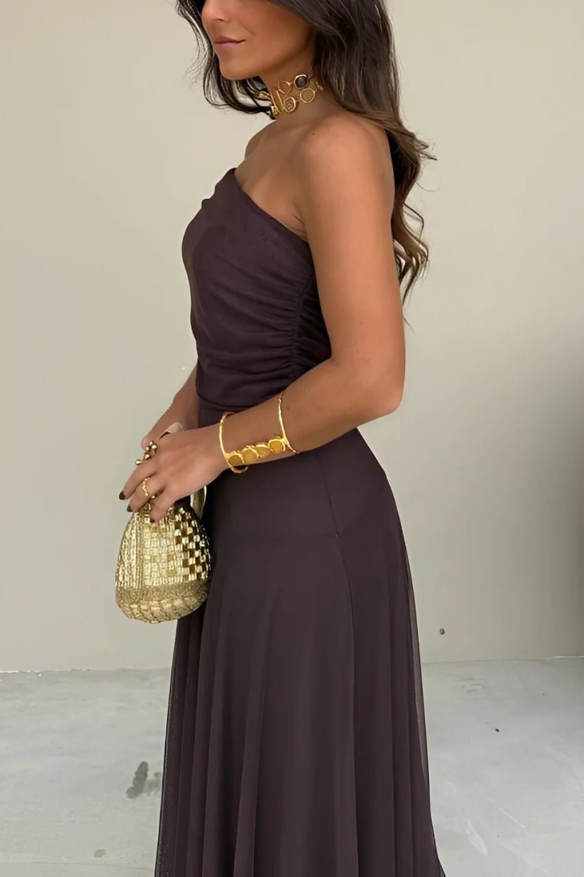Brown Off-Shoulder Ruched Maxi Dress – Women's Summer Party Maxi Dress