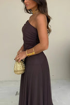 Brown Off-Shoulder Ruched Maxi Dress – Women's Summer Party Maxi Dress