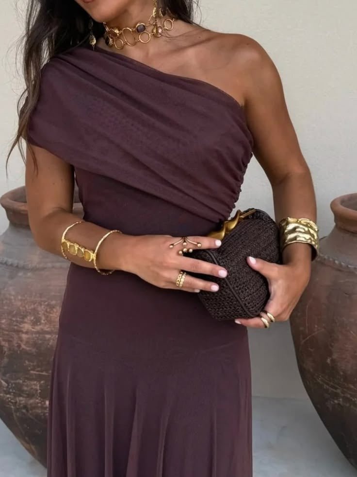 Brown Off-Shoulder Ruched Maxi Dress – Women's Summer Party Maxi Dress