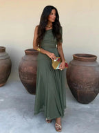 Brown Off-Shoulder Ruched Maxi Dress – Women's Summer Party Maxi Dress