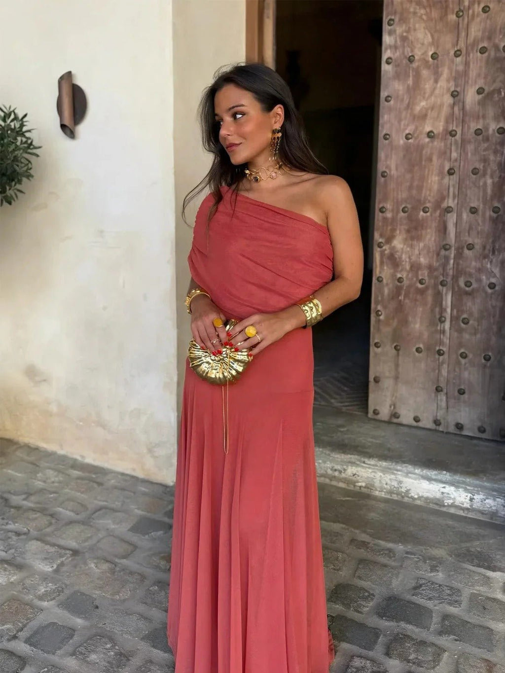 Brown Off-Shoulder Ruched Maxi Dress – Women's Summer Party Maxi Dress