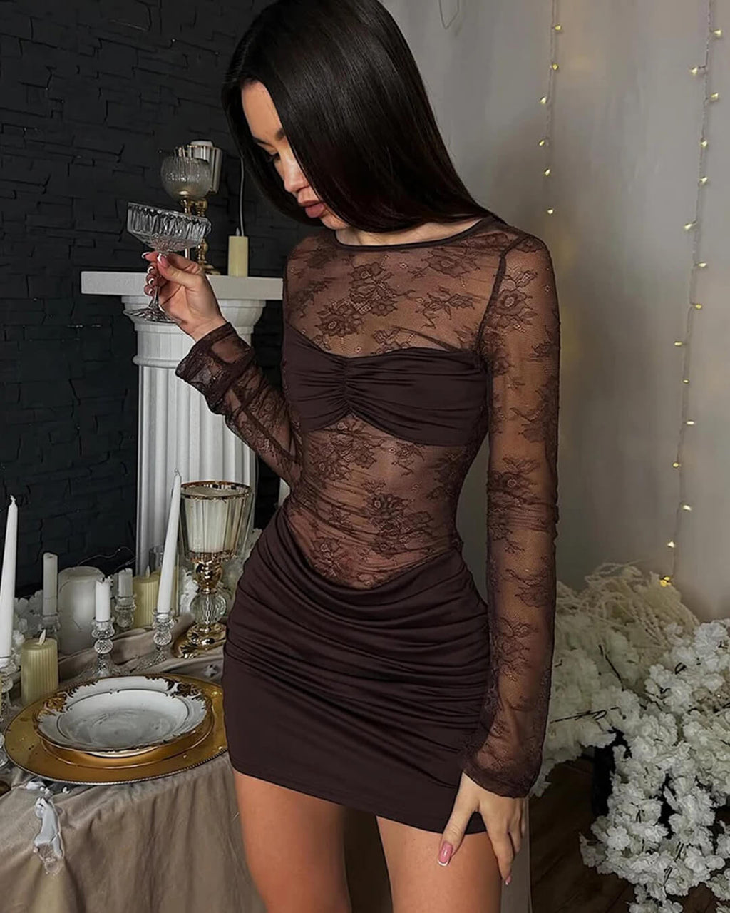 Brown Backless Lace Mini Dress – Women's Summer Party Mini Dress