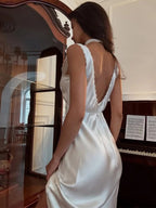 Deep Neck Satin Midi Dress – Women's Summer Party Midi Dress