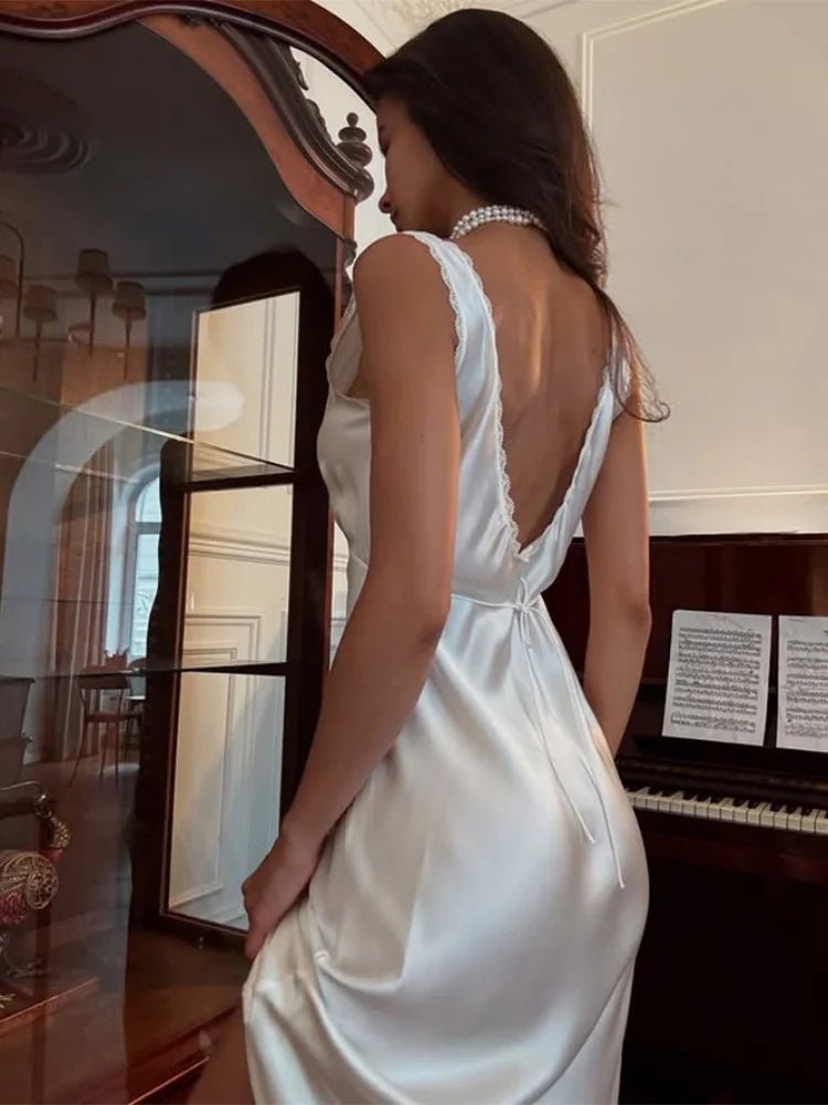 Deep Neck Satin Midi Dress – Women's Summer Party Midi Dress