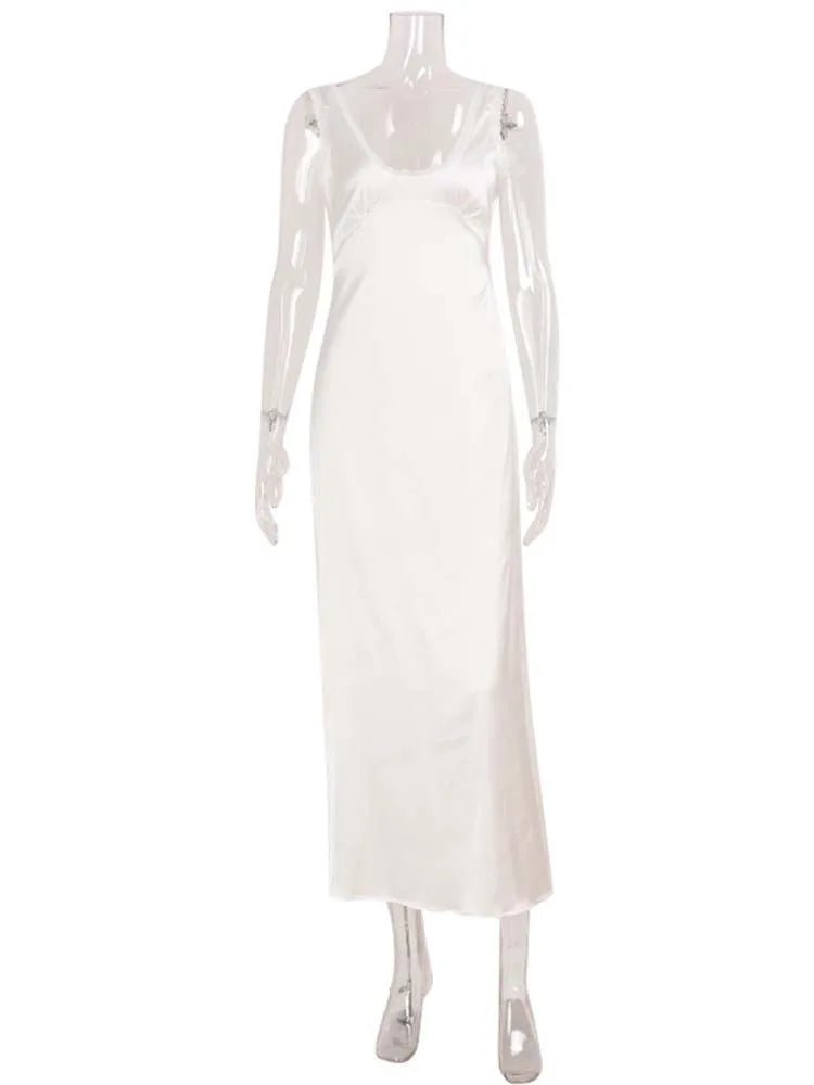 Deep Neck Satin Midi Dress – Women's Summer Party Midi Dress